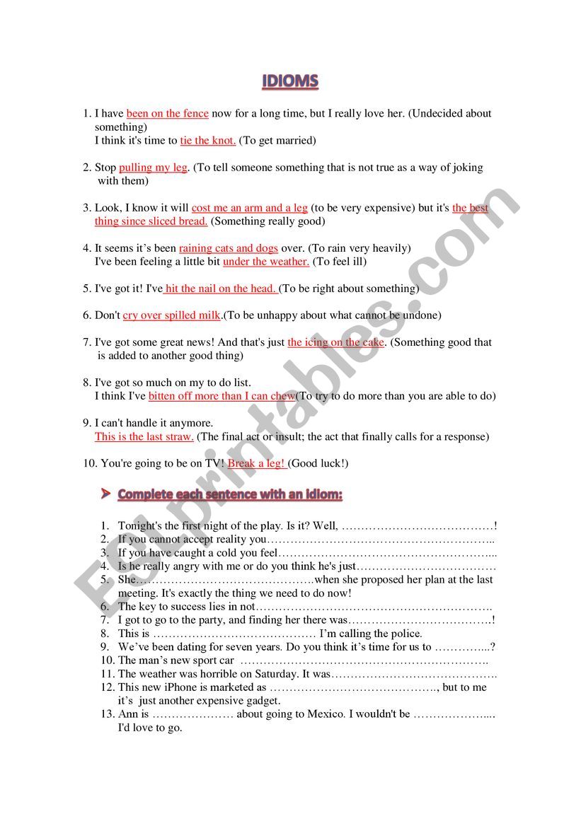 Idioms worksheet