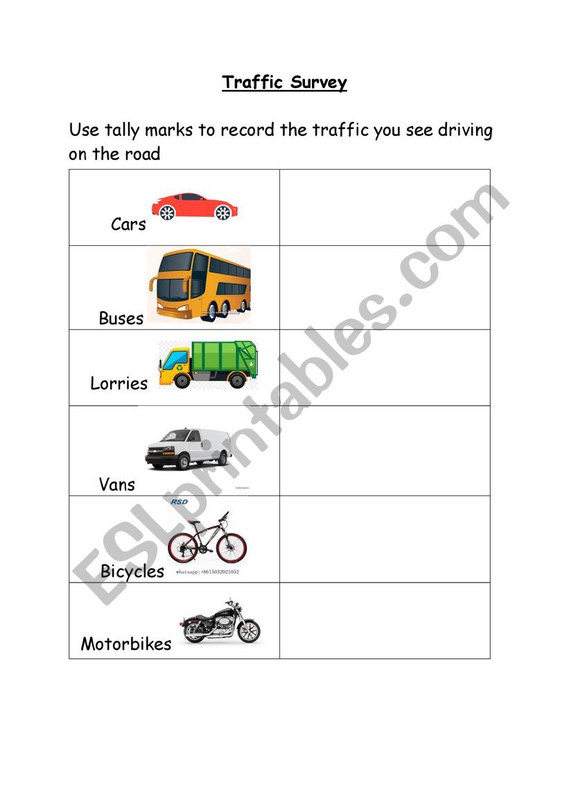 Traffic Survey - ESL worksheet by rachel.thompson@sch.im