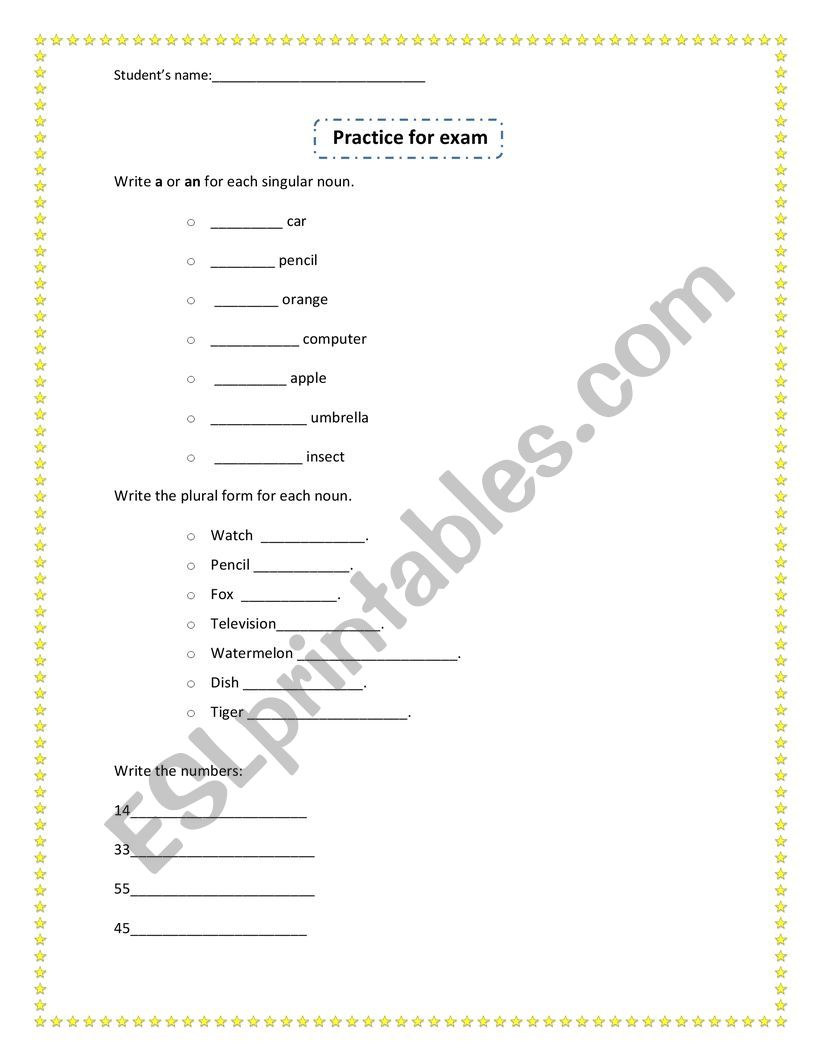 Practice about a/an, plurals and numbers