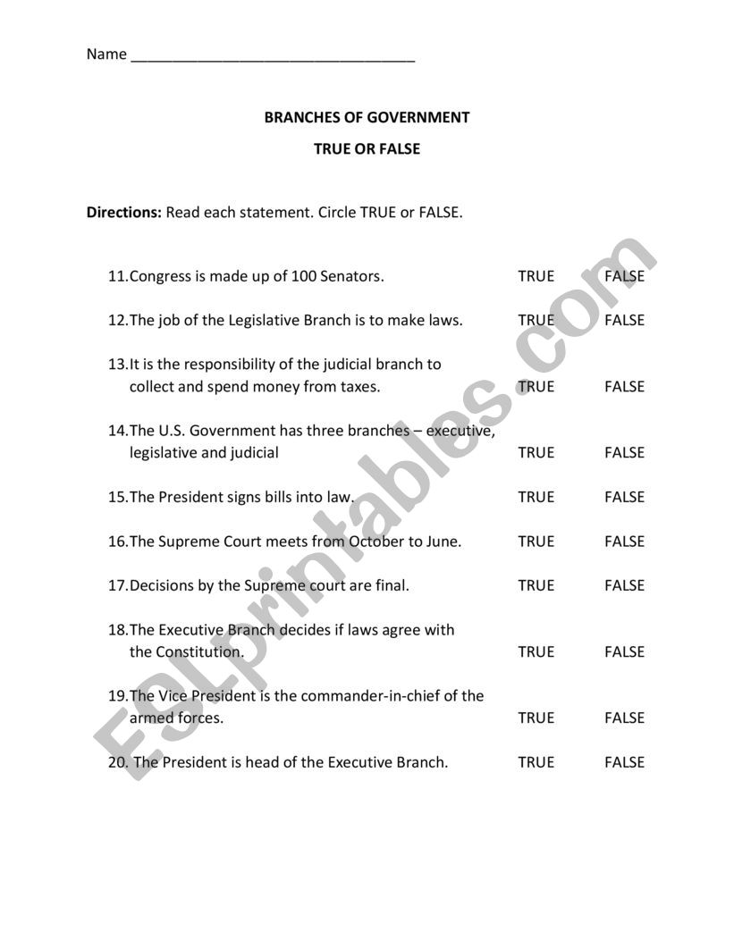 Branches of Government Quiz - ESL worksheet by cgover With Regard To Branches Of Government Worksheet Pdf