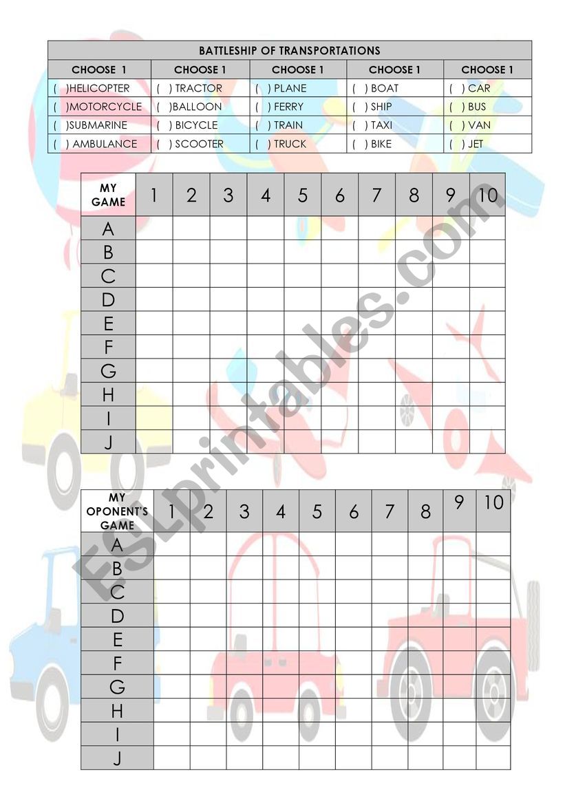 BATTLESHIP OF TRANSPORTATION worksheet