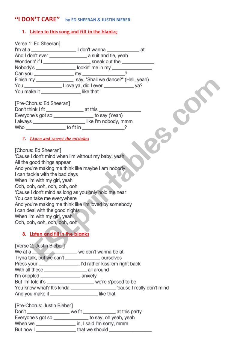 Song worksheet  I dont care by Ed Sheeran & Justin Bieber