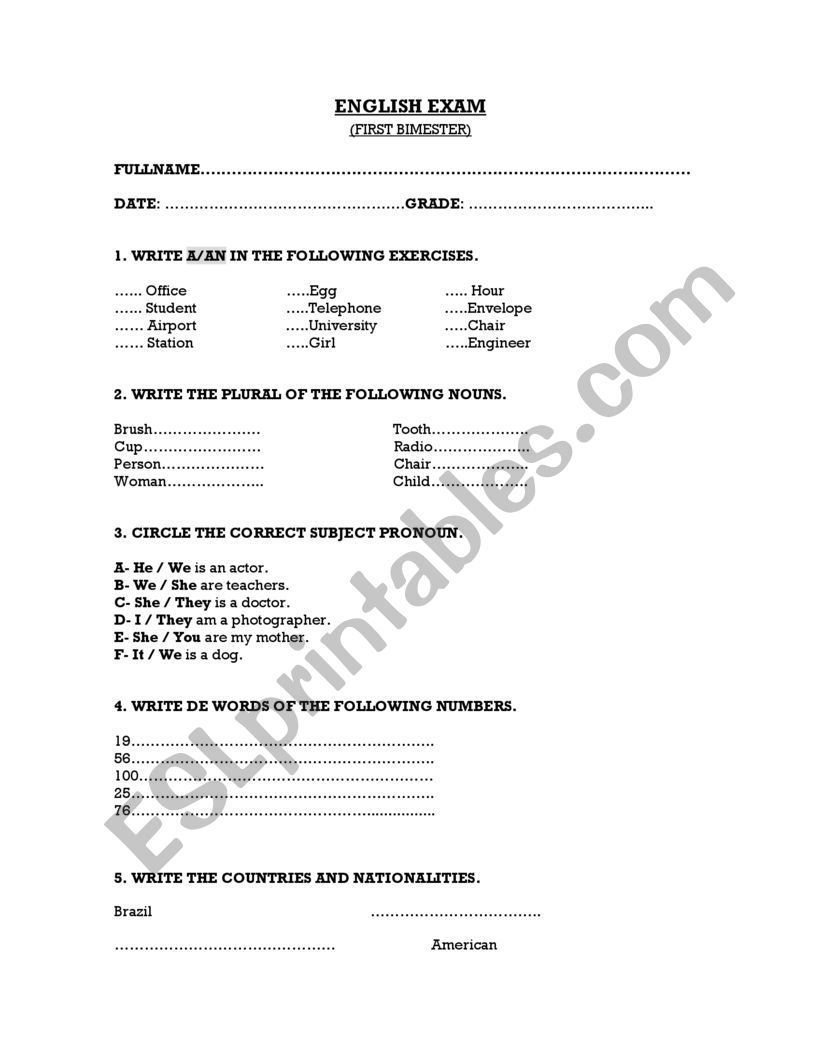 English entry test worksheet