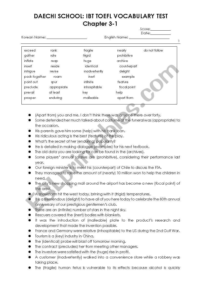 Vocabulary worksheet