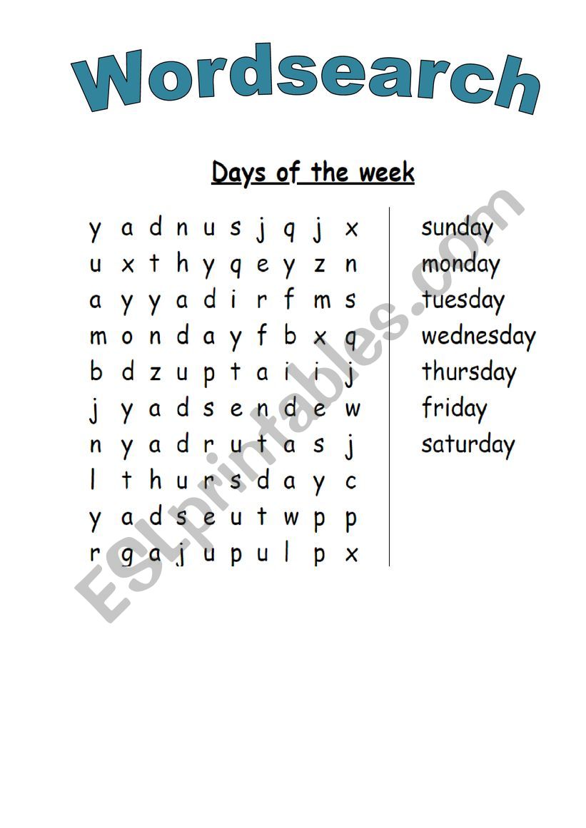 Wordsearch Days of the week worksheet