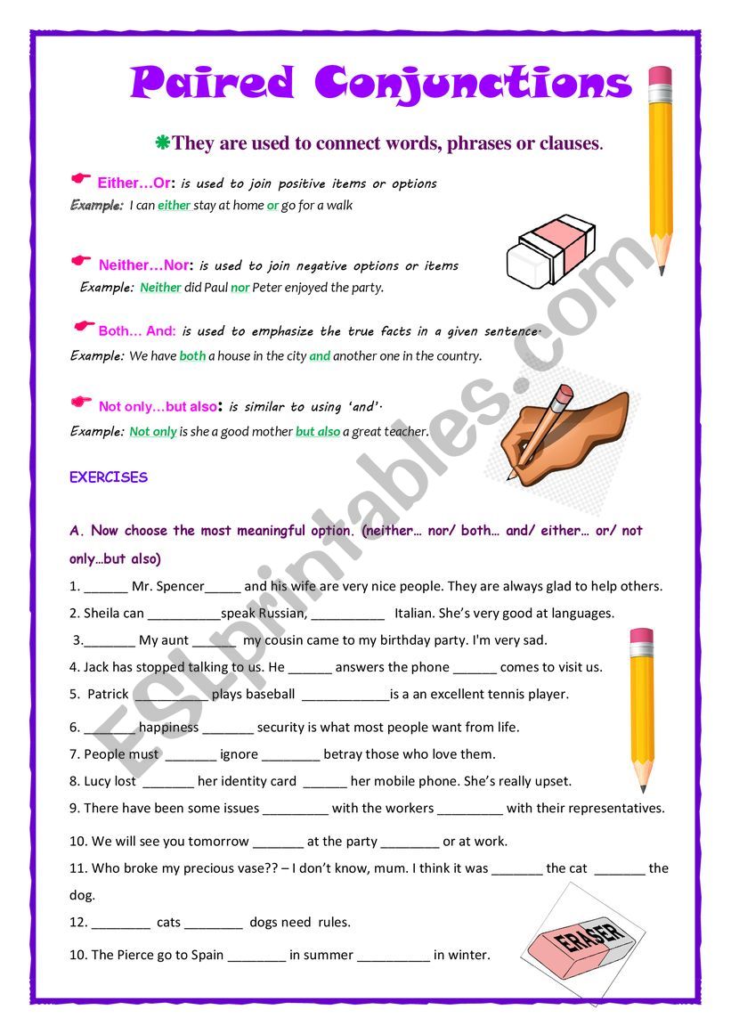 Paired Conjunctions ESL Worksheet By Ameliajesus