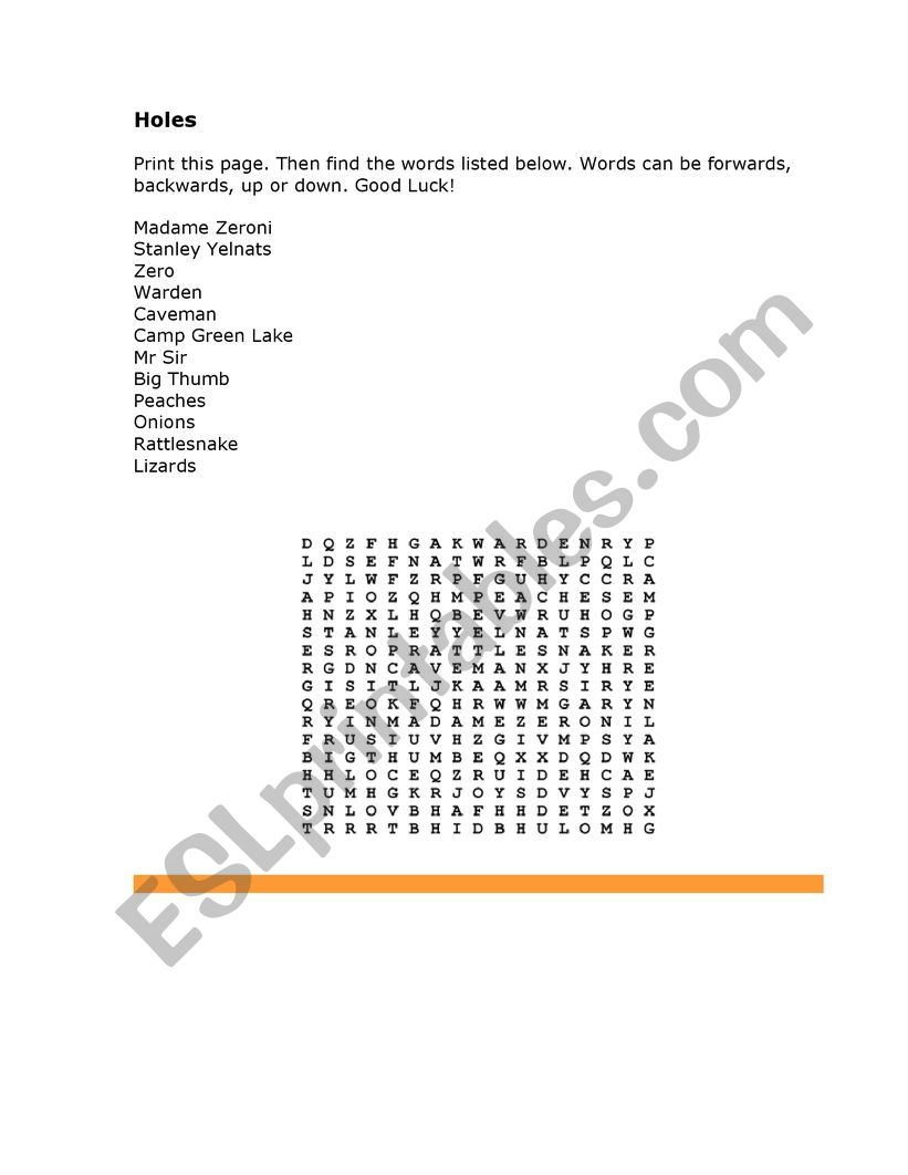 Holes Word Search Printable