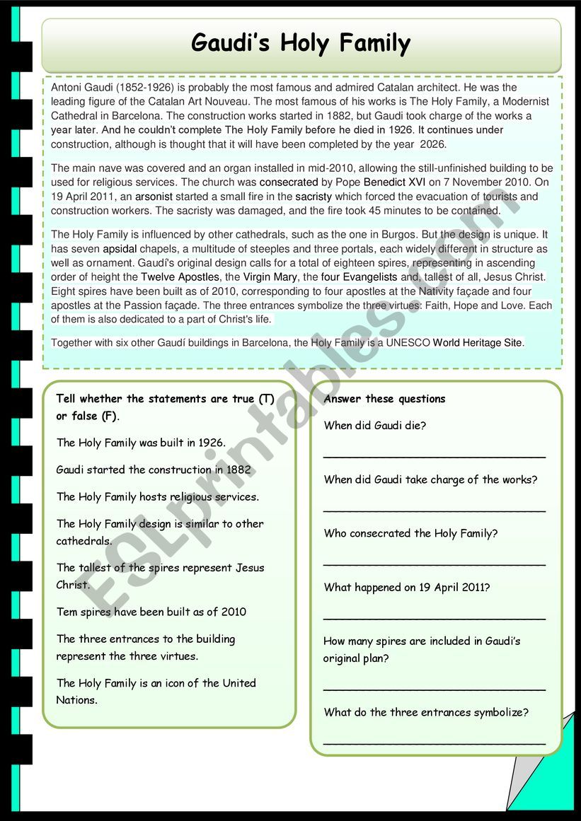 Gaudis Holy Family worksheet