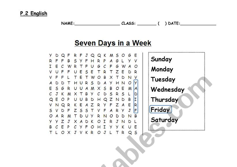 Word Search - 7 days in a week