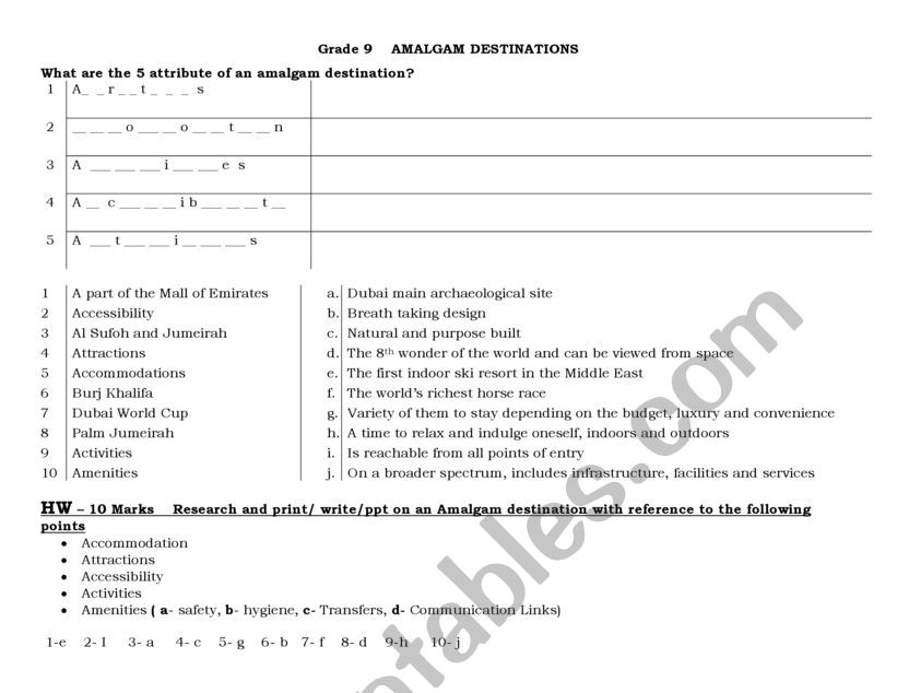 Amalgalm Destinations  worksheet