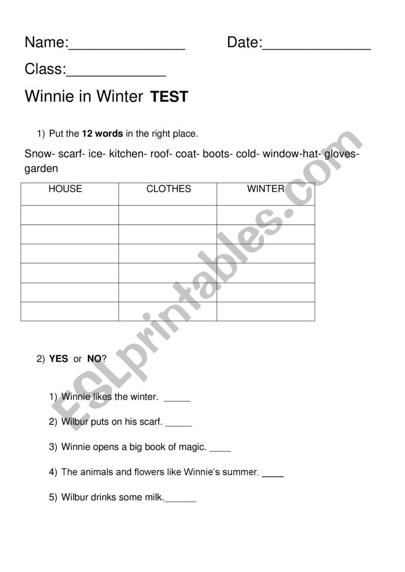 winnie in winter test worksheet