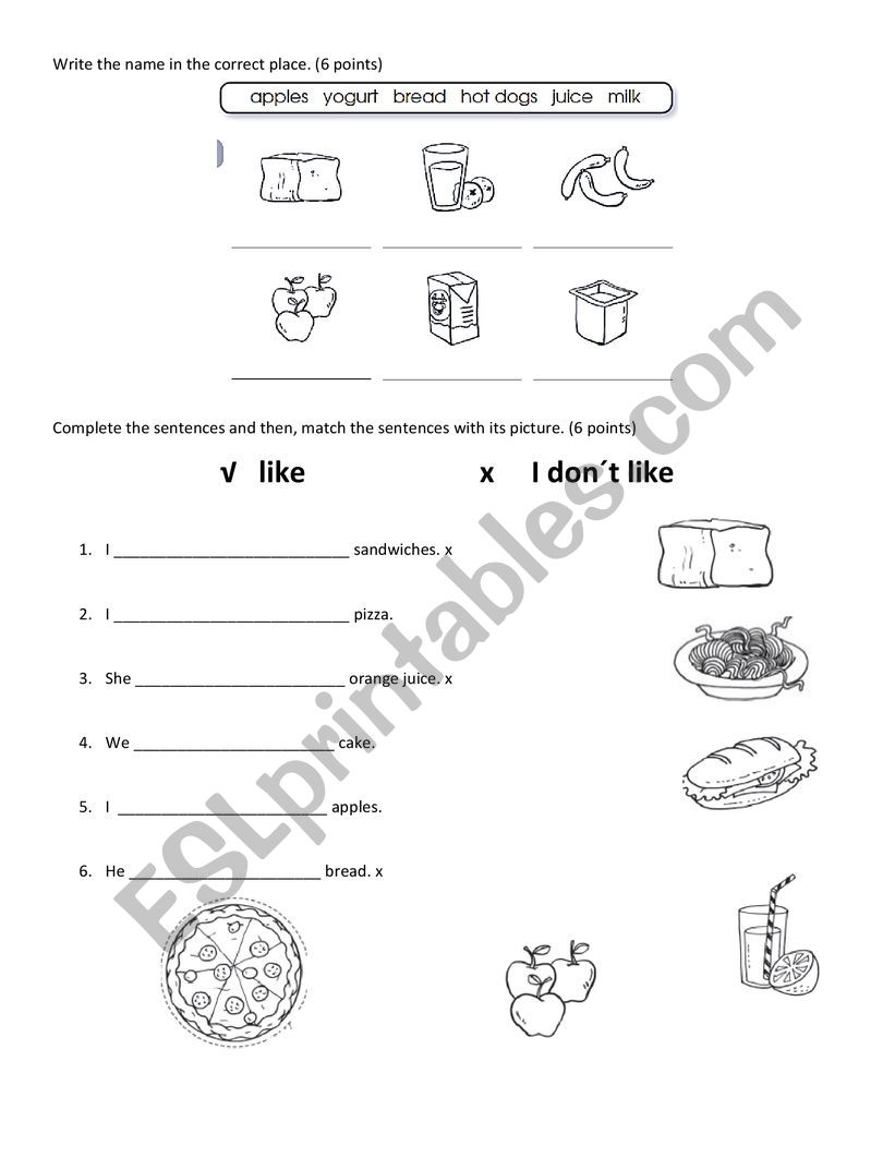 like/dont like-food worksheet