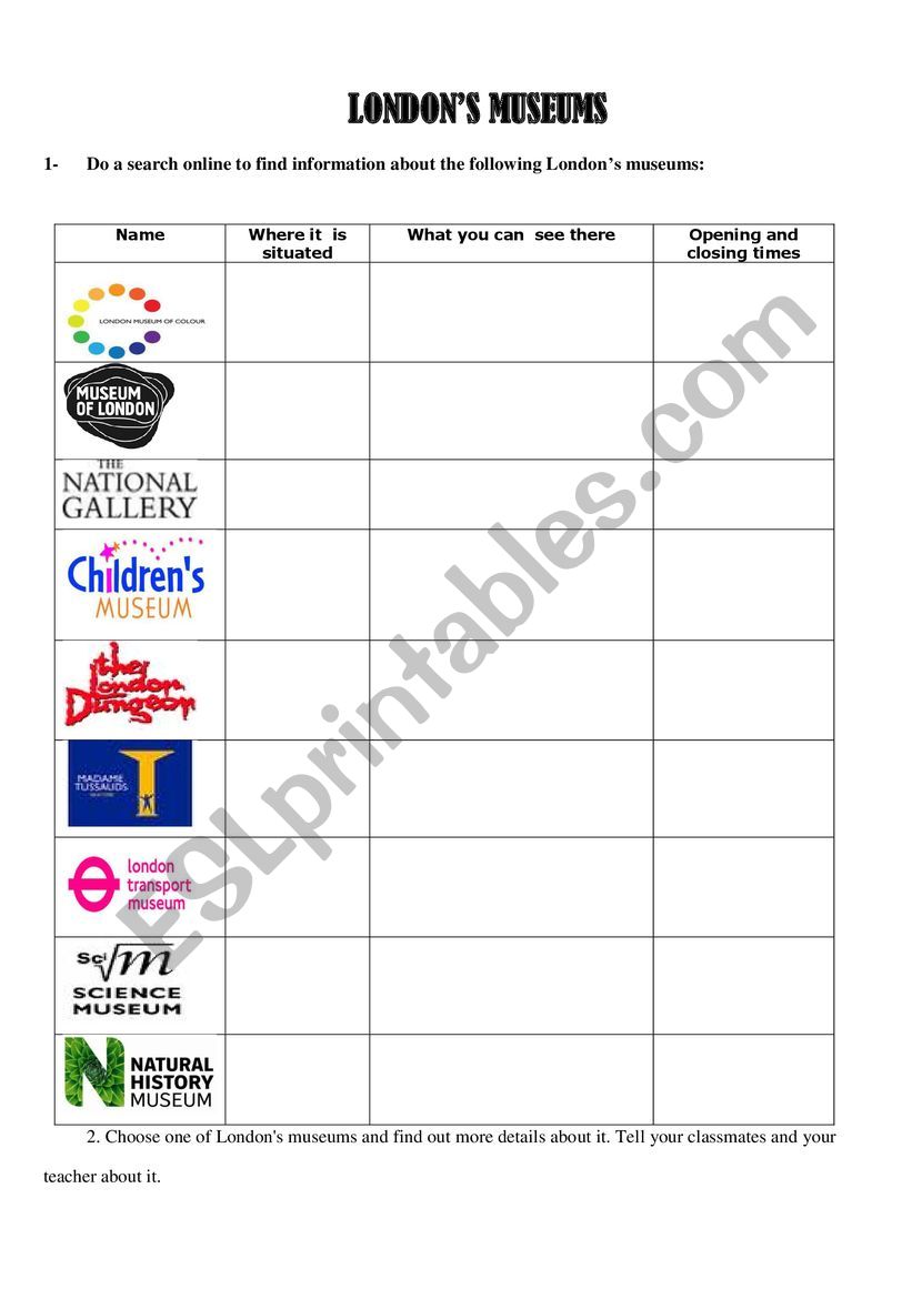 Londons museums worksheet