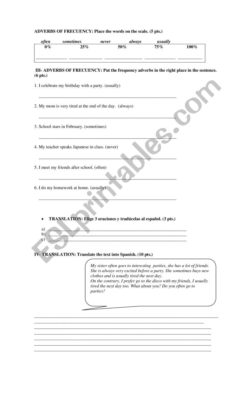 adverbs of frequency test worksheet