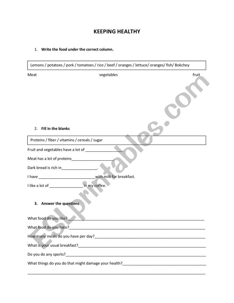 Keeping healthy worksheet