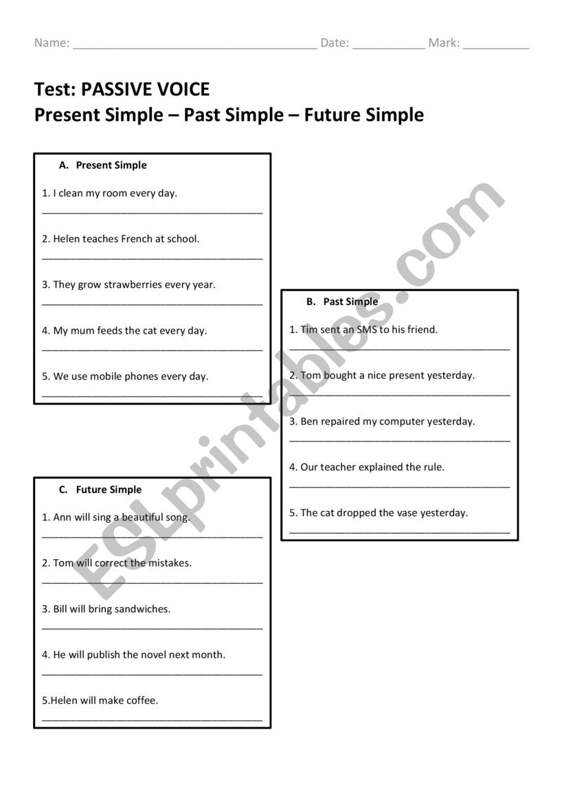 Passive Voice Present Simple Past Simple Future Simple ESL Worksheet By St3lla1990