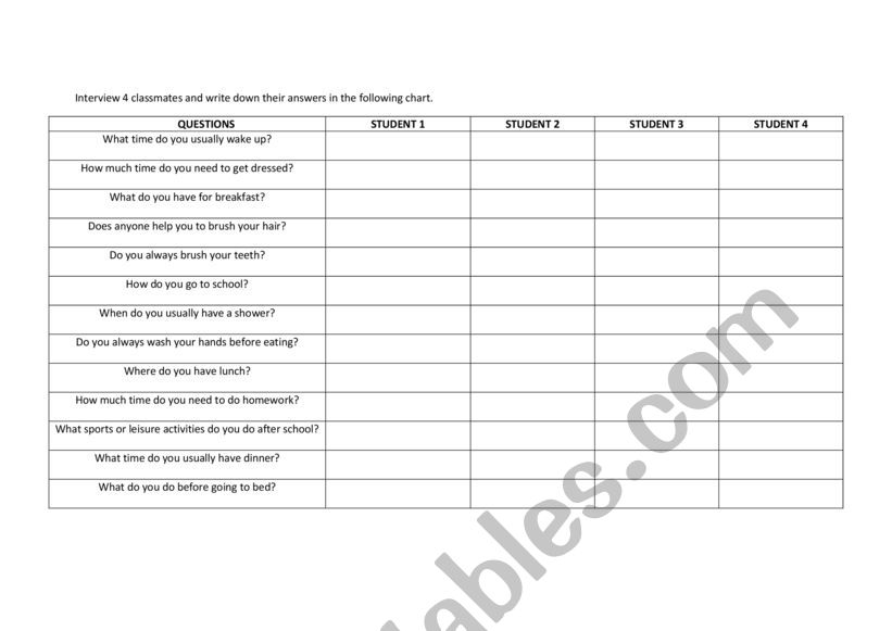 Daily routines interview worksheet