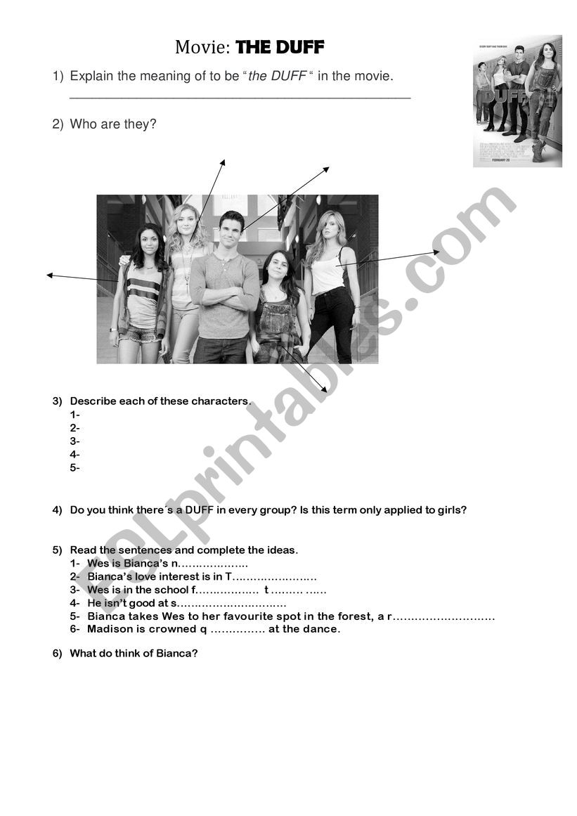 movie activities The Duff worksheet