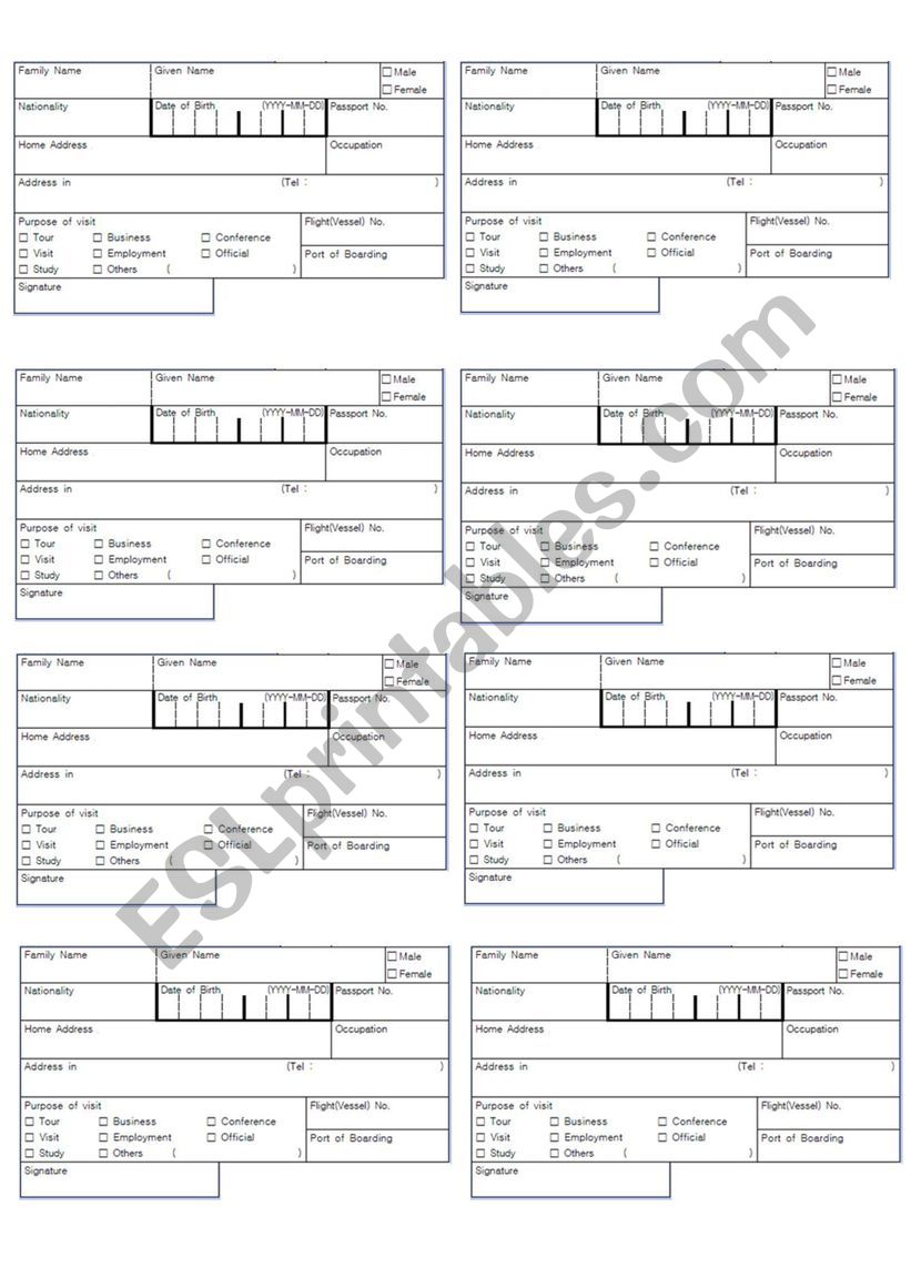 Arrival Card worksheet