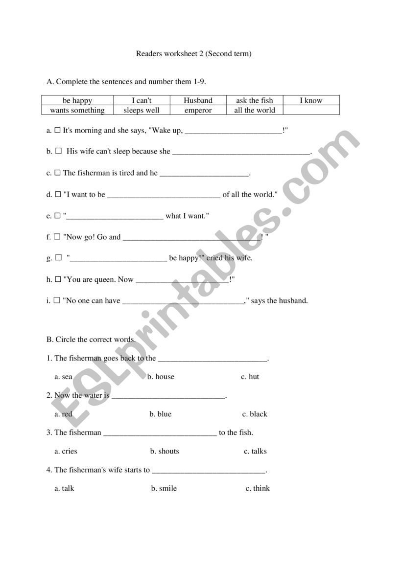 The Fisherman and his wife worksheet