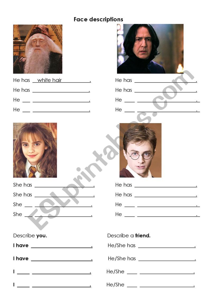 Harry Potter Character Face Descriptions - ESL worksheet by amburger