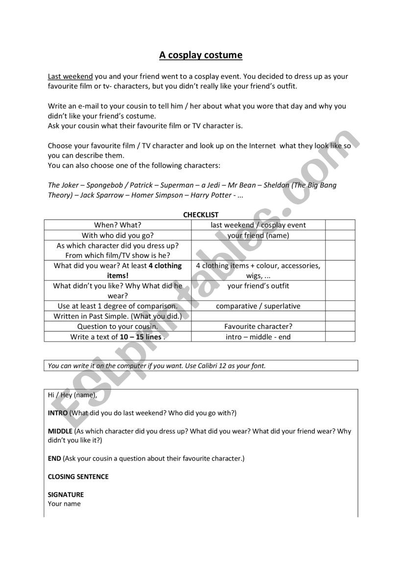 writing an e-mail (cosplay) worksheet