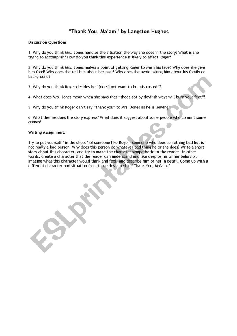 Thank You Ma´am Short Story Discussion Questions Esl Worksheet By Elias La