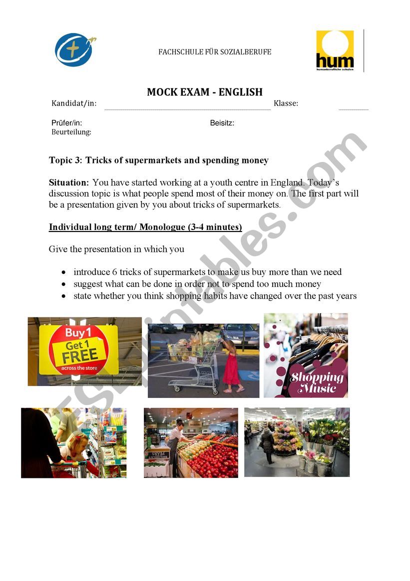 Speaking exam on shopping worksheet