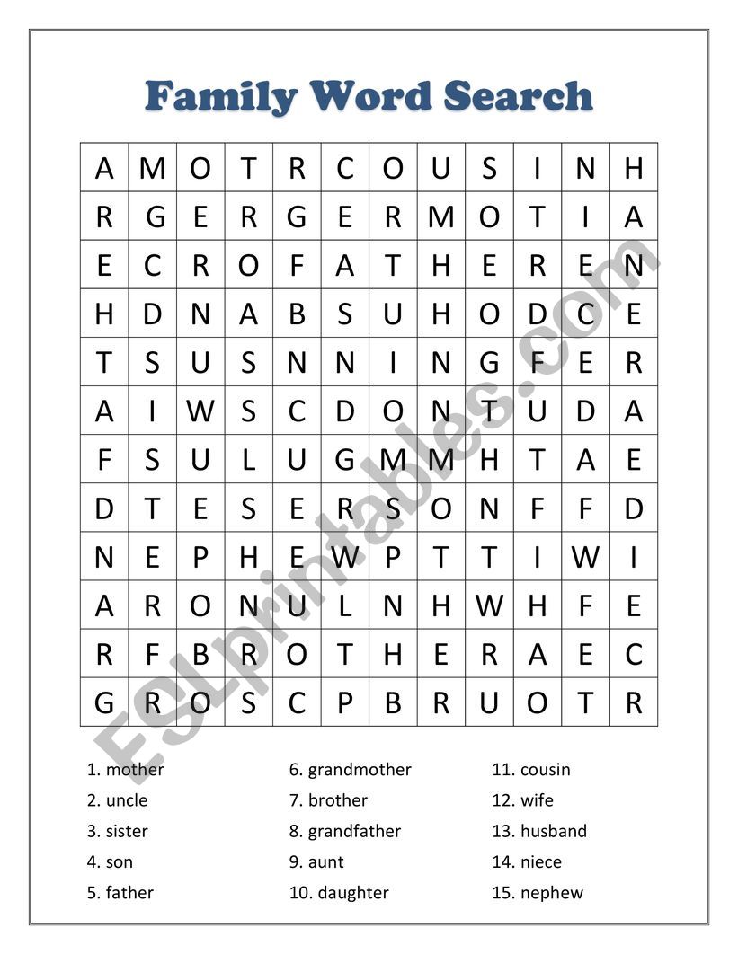 Word Search for family vocab - ESL worksheet by millyc