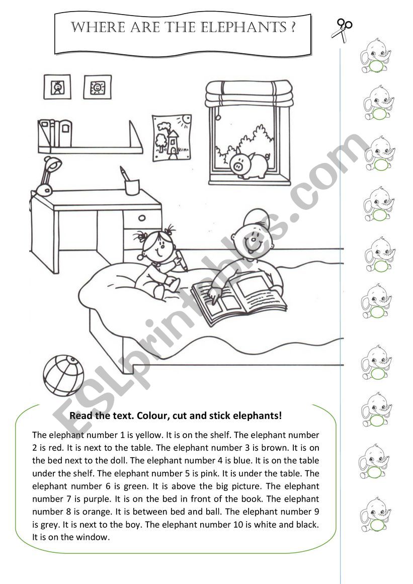 10 lelephants - prepositions worksheet