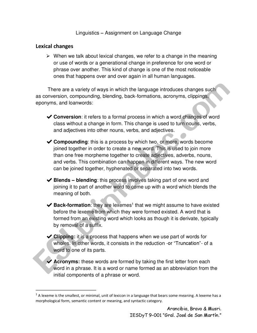 Lexical Changes - Linguistics worksheet