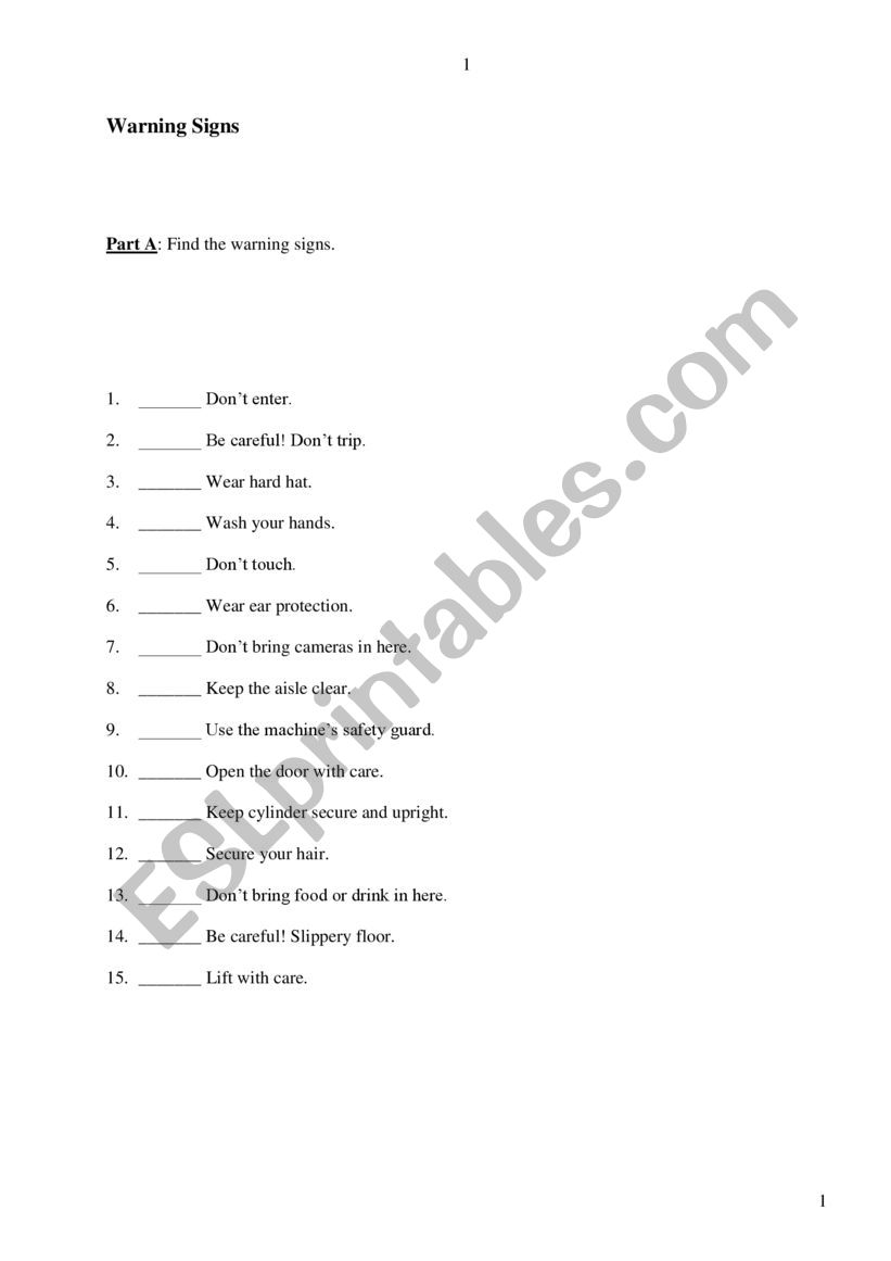 Warning Signs worksheet