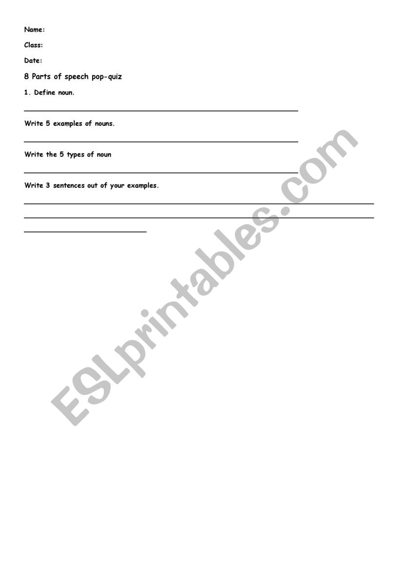 8 parts of speech worksheet