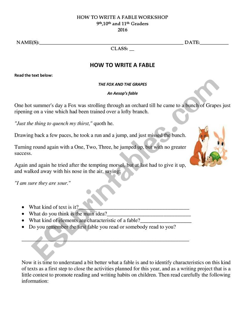 How to write a fable worksheet