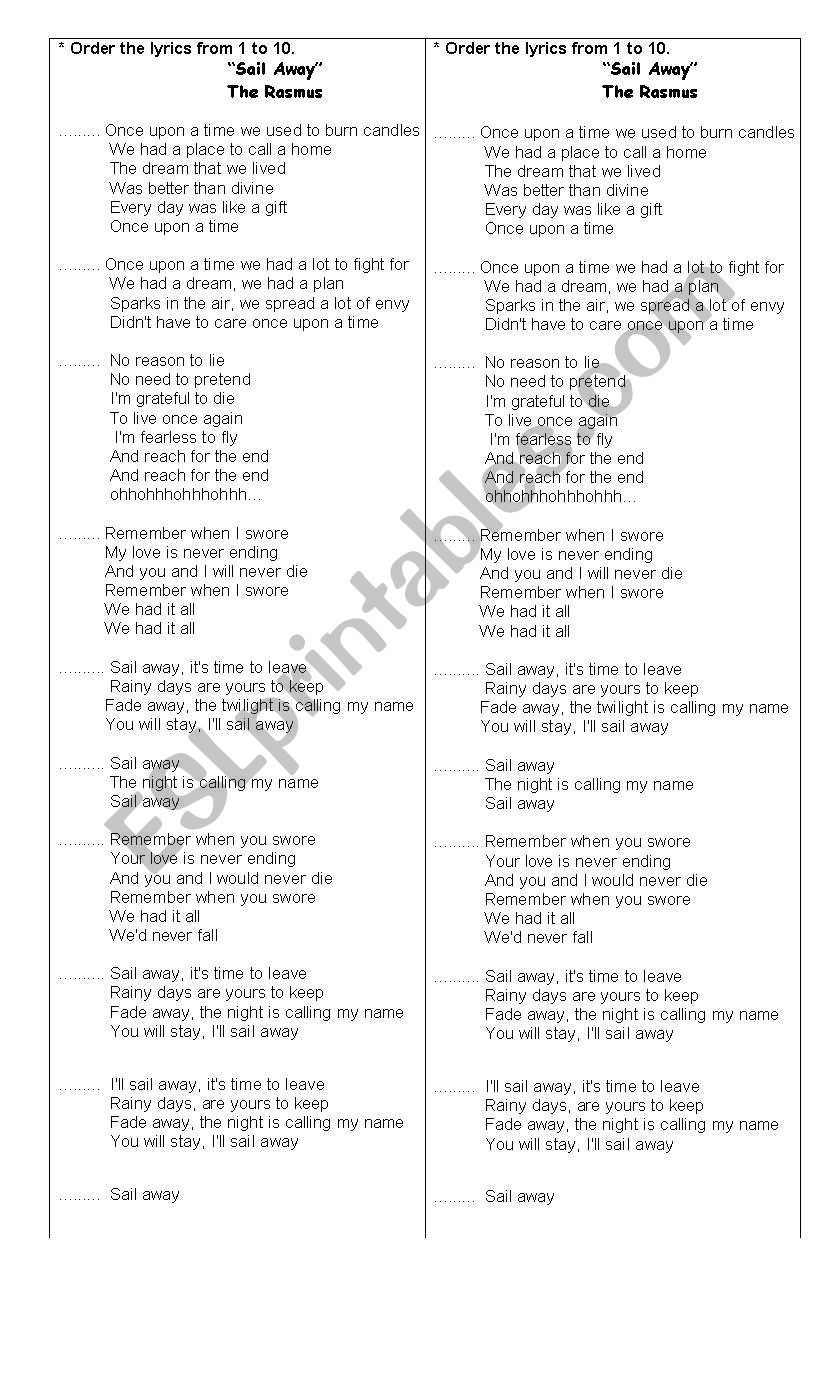 Song; Sail away worksheet