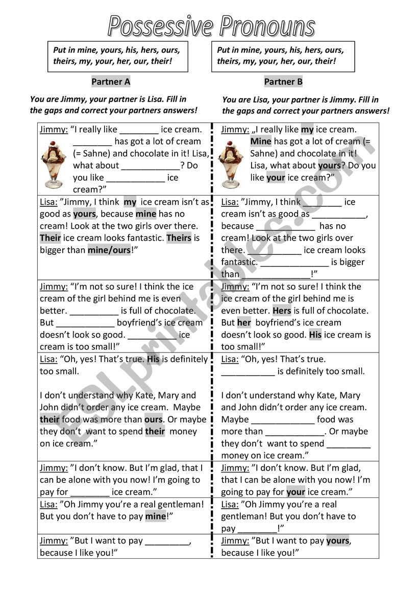 Tandem Possessive Pronouns worksheet