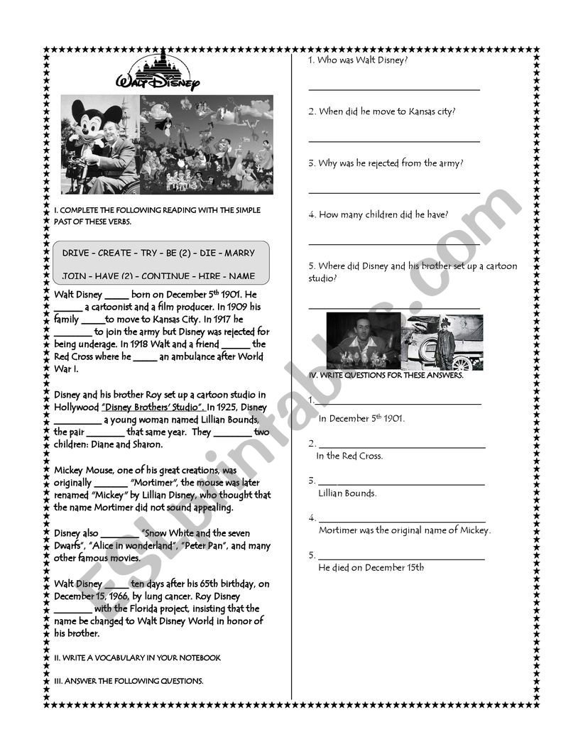 walt disney past simple worksheet