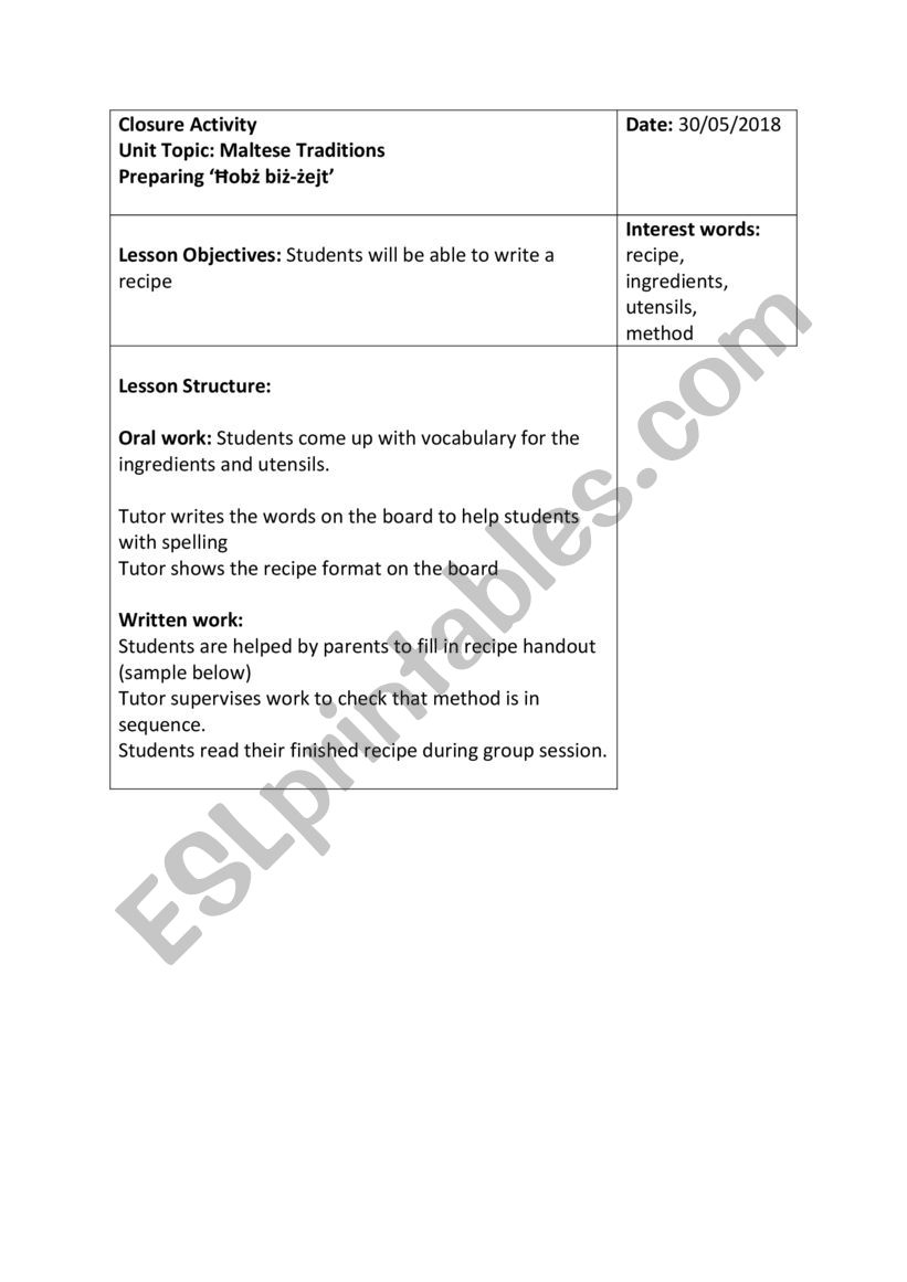 Maltese Recipe Sequencing  worksheet