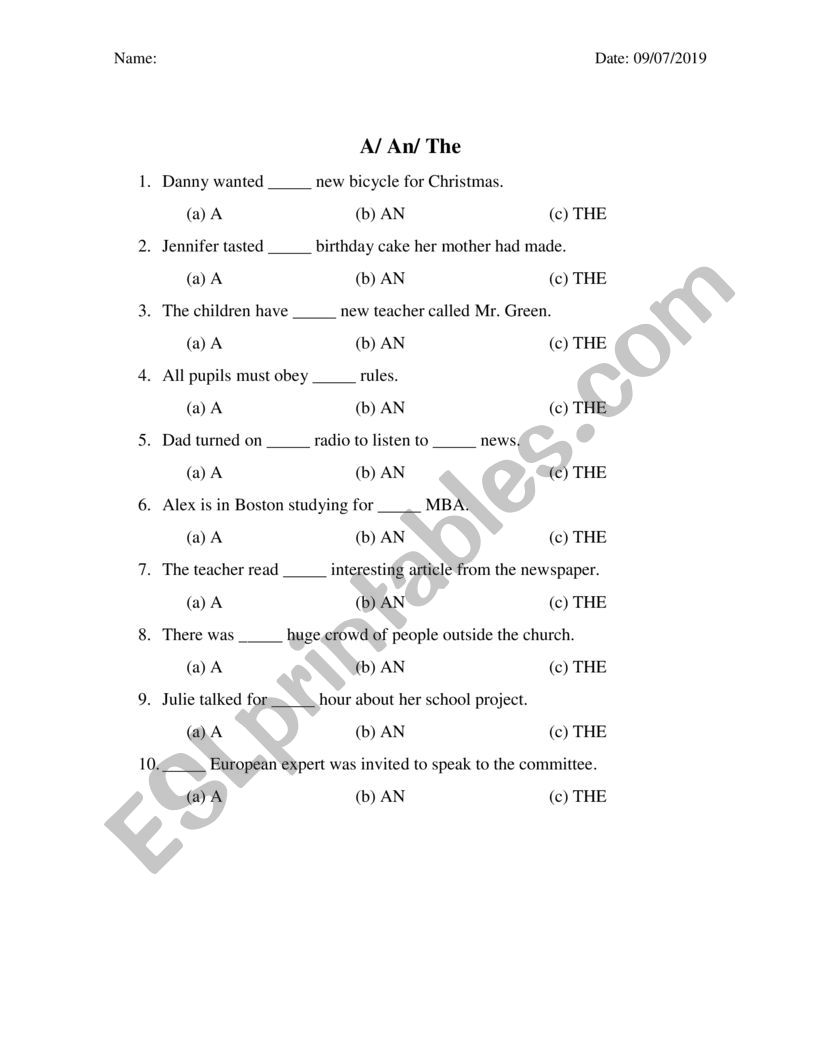 A/an/the exercise  worksheet