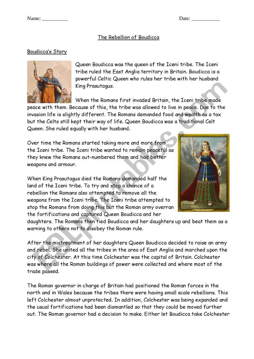 Boudicca Story worksheet