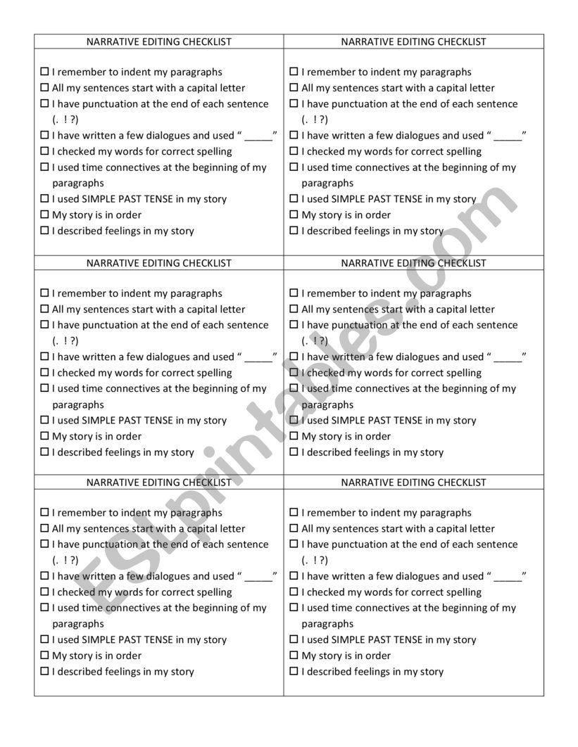 Narrative Writing Checklist worksheet