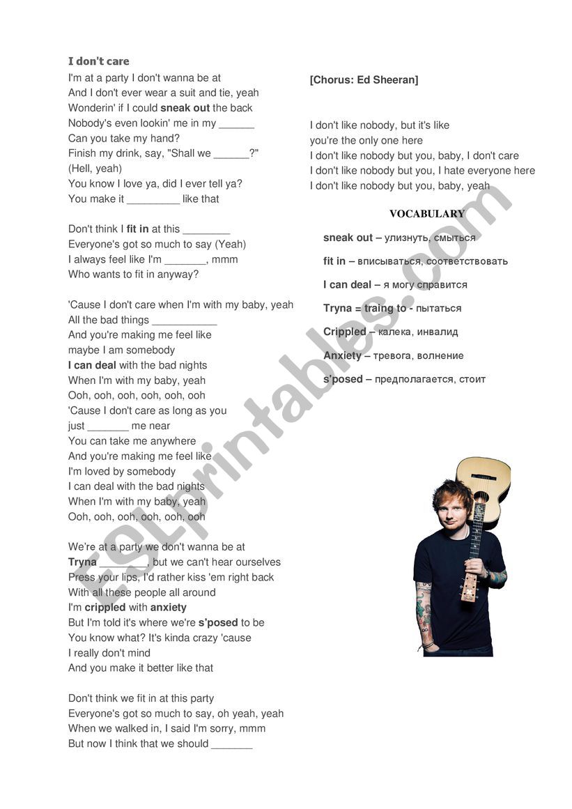 Ed Sheeran I Don T Care Esl Worksheet By Kategibert