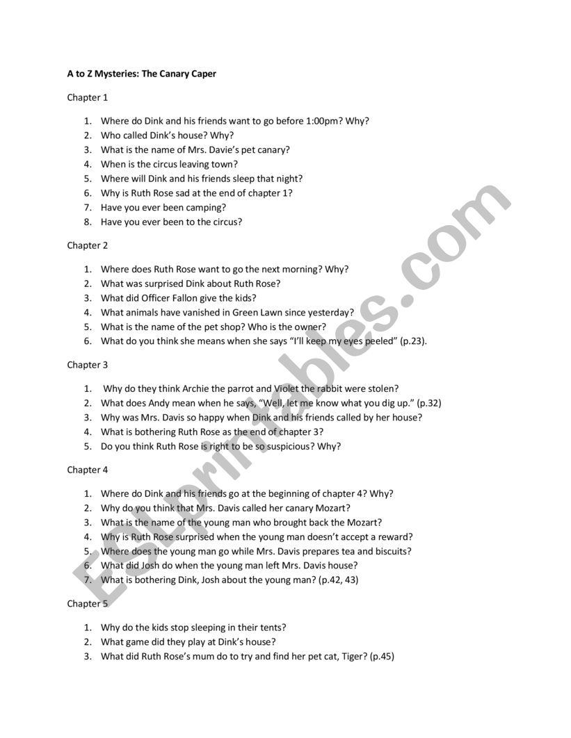 canary caper worksheet