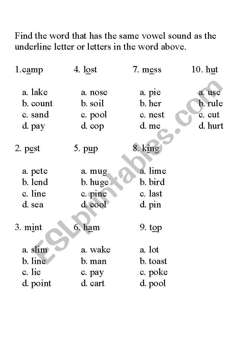 Short and Long Vowels Multiple Choice Test