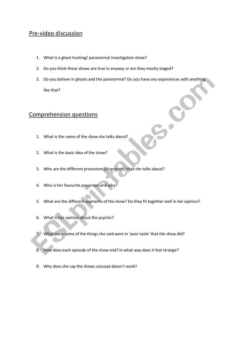 ESL worksheet for the worst ghost hunting show of all time youtube video by Jenny Nicholson