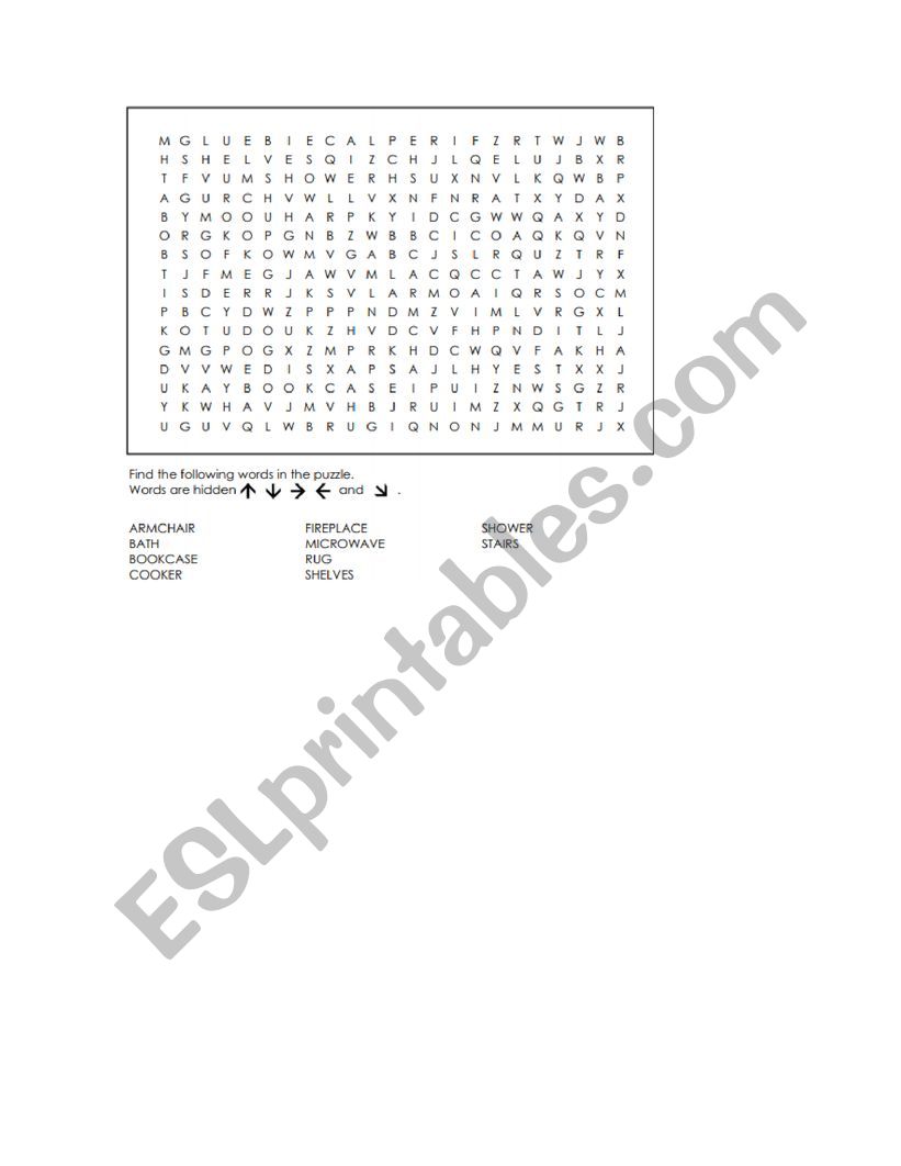 Household items Wordsearch worksheet