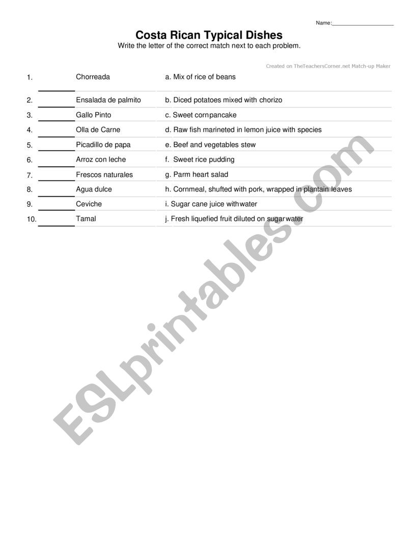 Costa Rican Typical Dishes worksheet