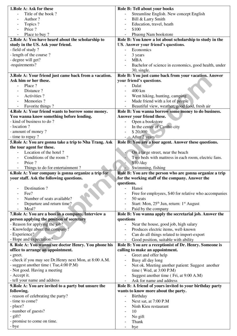 Role play - various topics worksheet