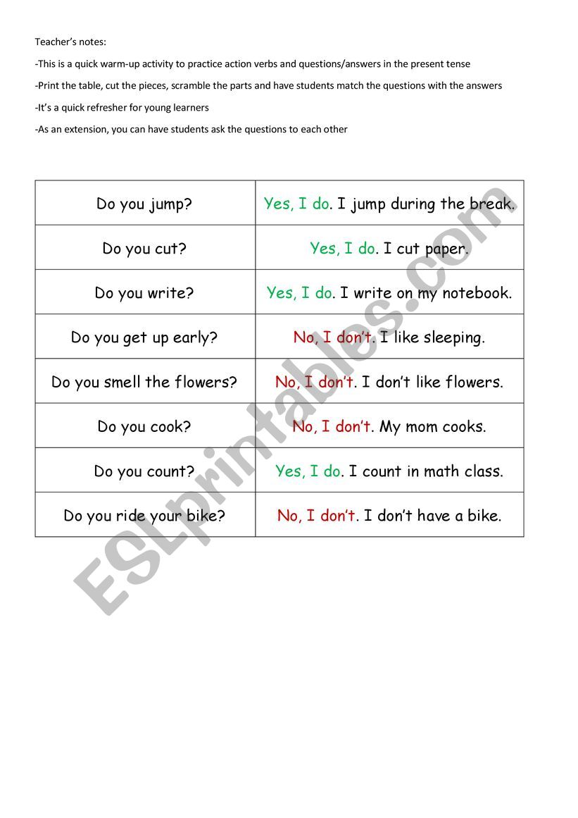 Warm-up - action verbs worksheet