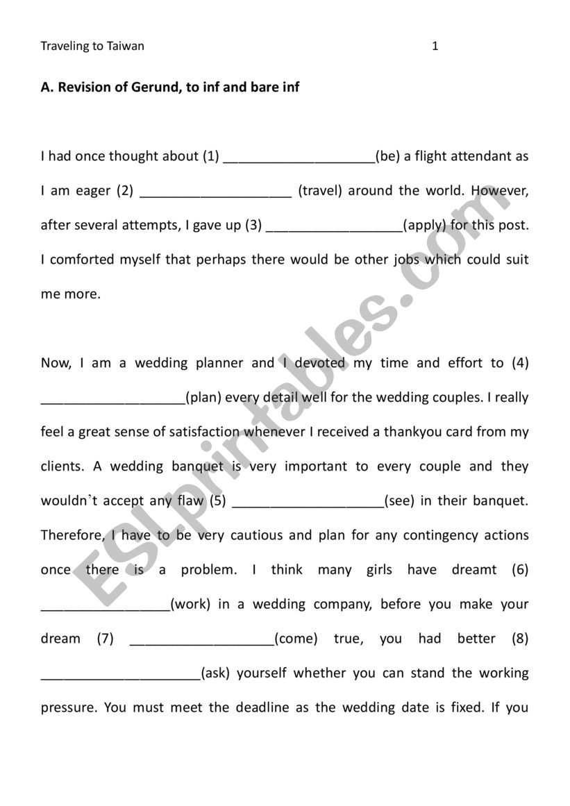 Traveling to Taiwan worksheet